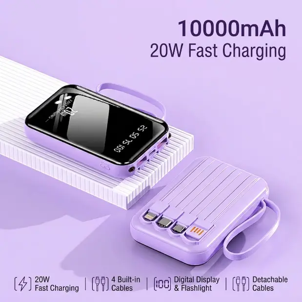 10000mAh Portable Charger 20W Fast Charging with 4 Built-in Cables, Smart Digital Display & Flashlight - For Travel, Office & Daily Commute Portable Backup Black