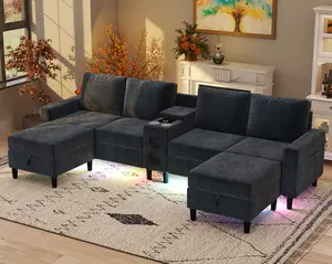 6-Seat U-Shaped Chenille Sectional Sofa with Smart Module, Bluetooth Speaker, RGB Lights, Charging Station & 2 Movable Storage Ottomans (Dark Grey)