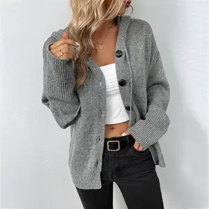 Solid color hooded single breasted women's sweater 2025 autumn and winter new item drawstring knitted women's cardigan wool sweater with adjustable buttons