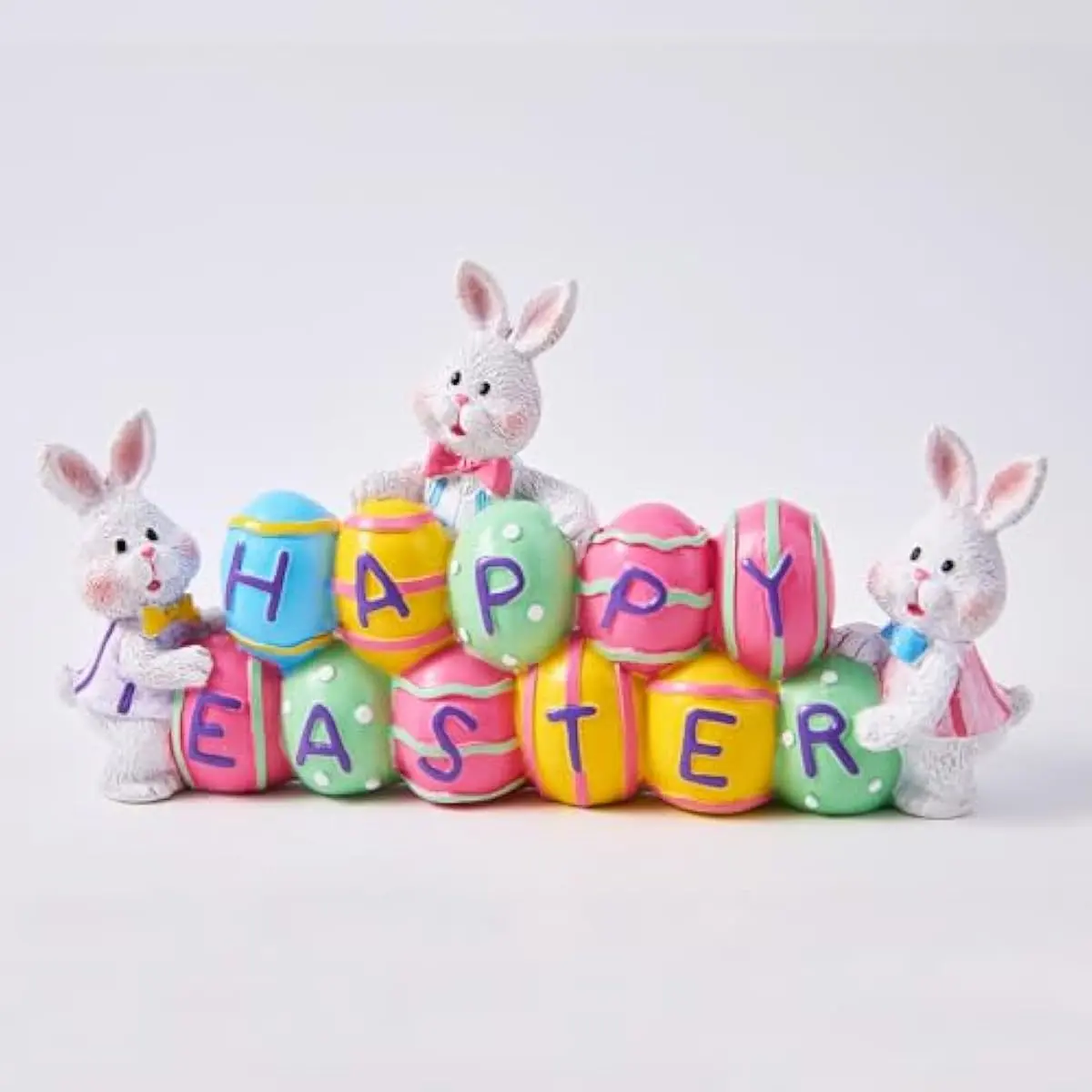 3 Bunny Holding Eggs and Happy Easter Decorations, Resin Easter Bunny Rabbits Figurine Tabletop Centerpiece for Spring Decor Easter Home Office Party Decor