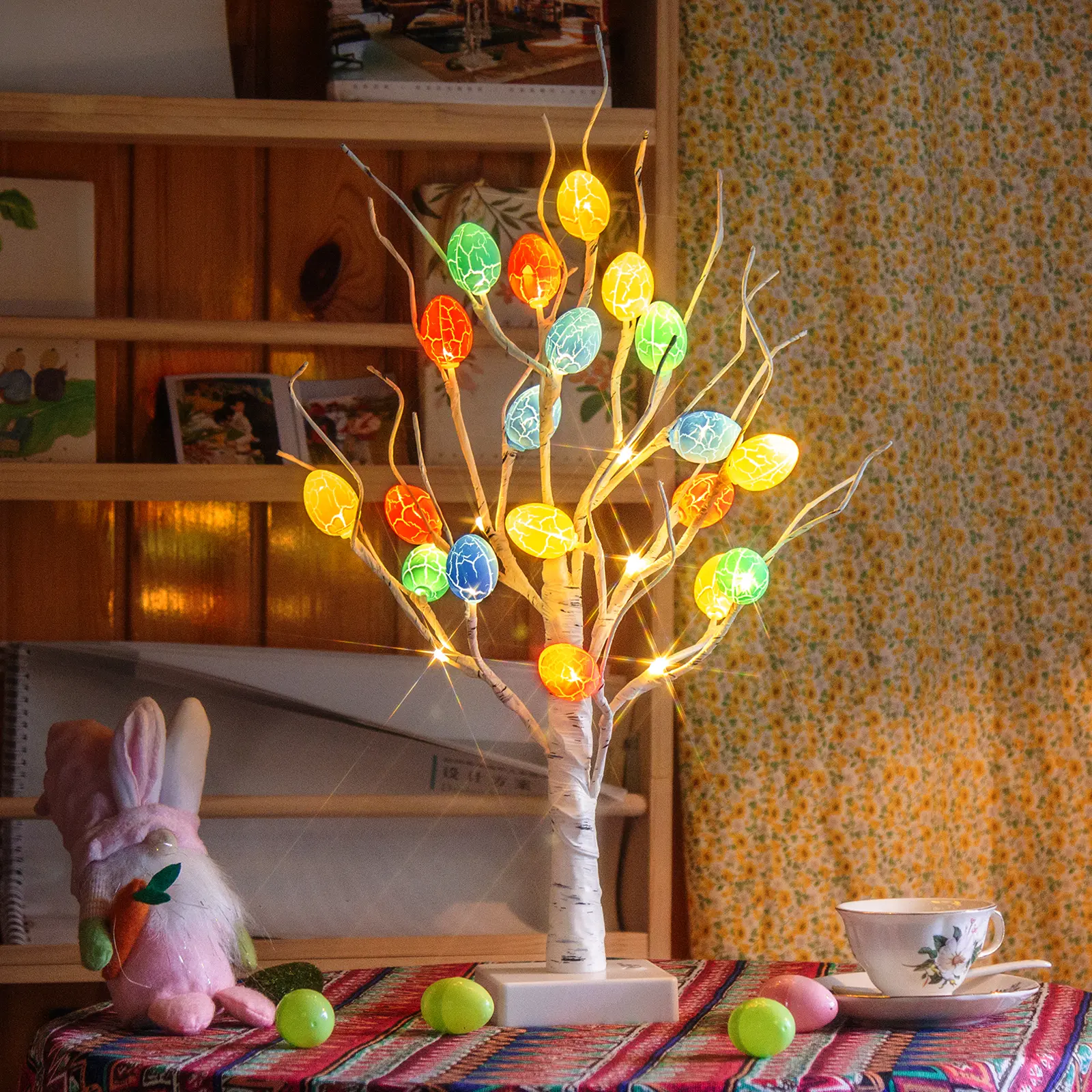 PEIDUO Easter Decorations Lighted Tabletop Tree - 22" Tabletop Fit, 18 Cracked Egg Ornaments, White Birch Design, USB Cordless Use, Battery Powered for Indoor Home Spring Festive Touch