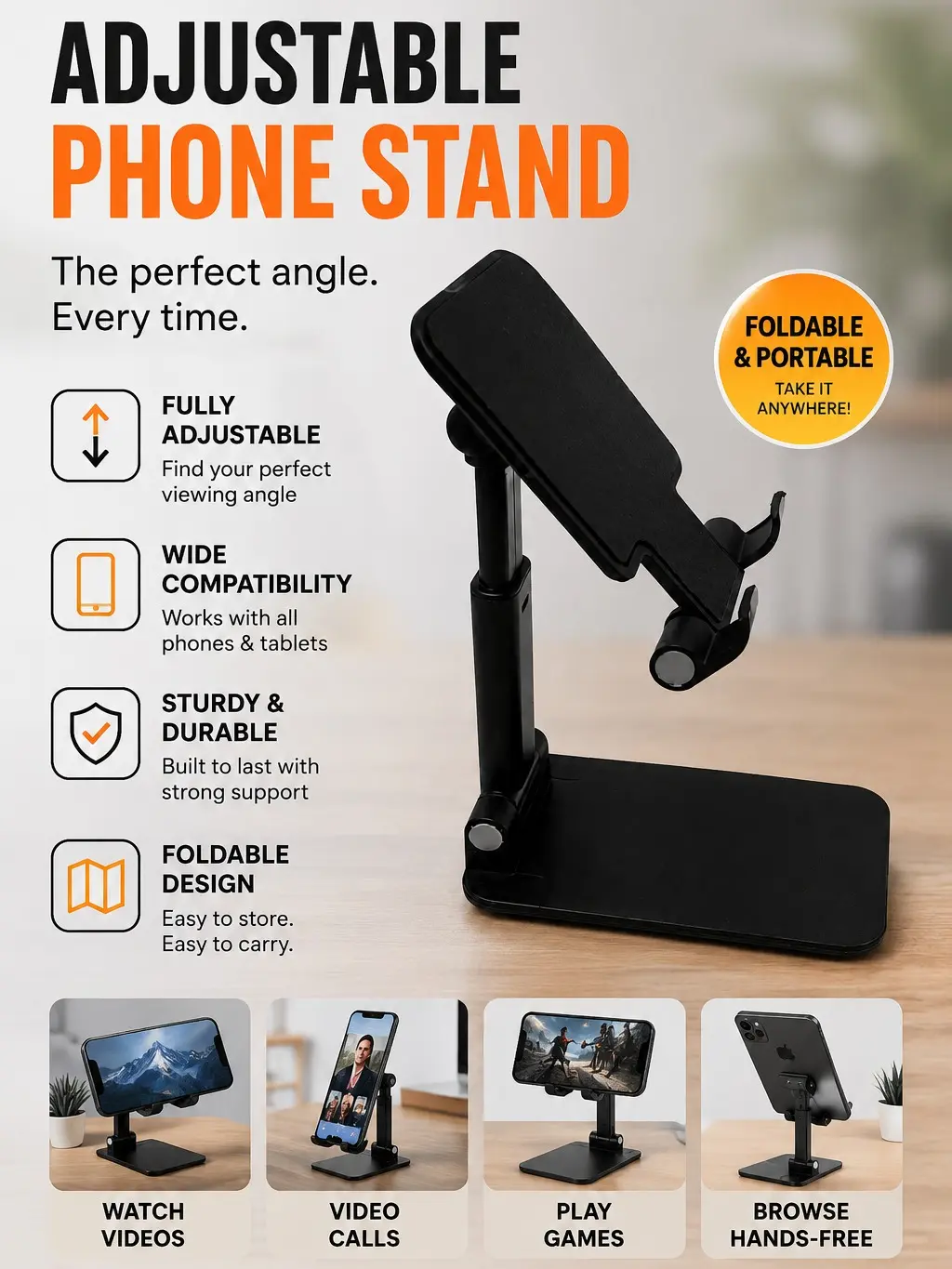 Phone Stand - Foldable, Charger Accessible, and Height Adjustable