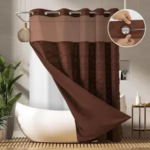 No Hook Shower Curtain with Snap in Liner SimpleStyle Double Layer Waterproof Inner Liner White Cloth 72x75 Inch Machine Washable Easy Care Dark Brown