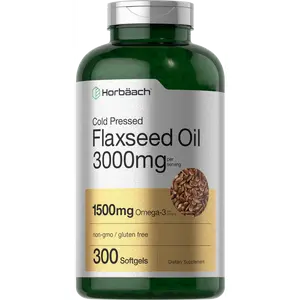Horbäach Flaxseed Oil Softgel Capsules 3000mg | 300 Count | High Potency | with Omega 3 6 9 | Non-GMO, Gluten Free | Cold Pressed Flax Seed
