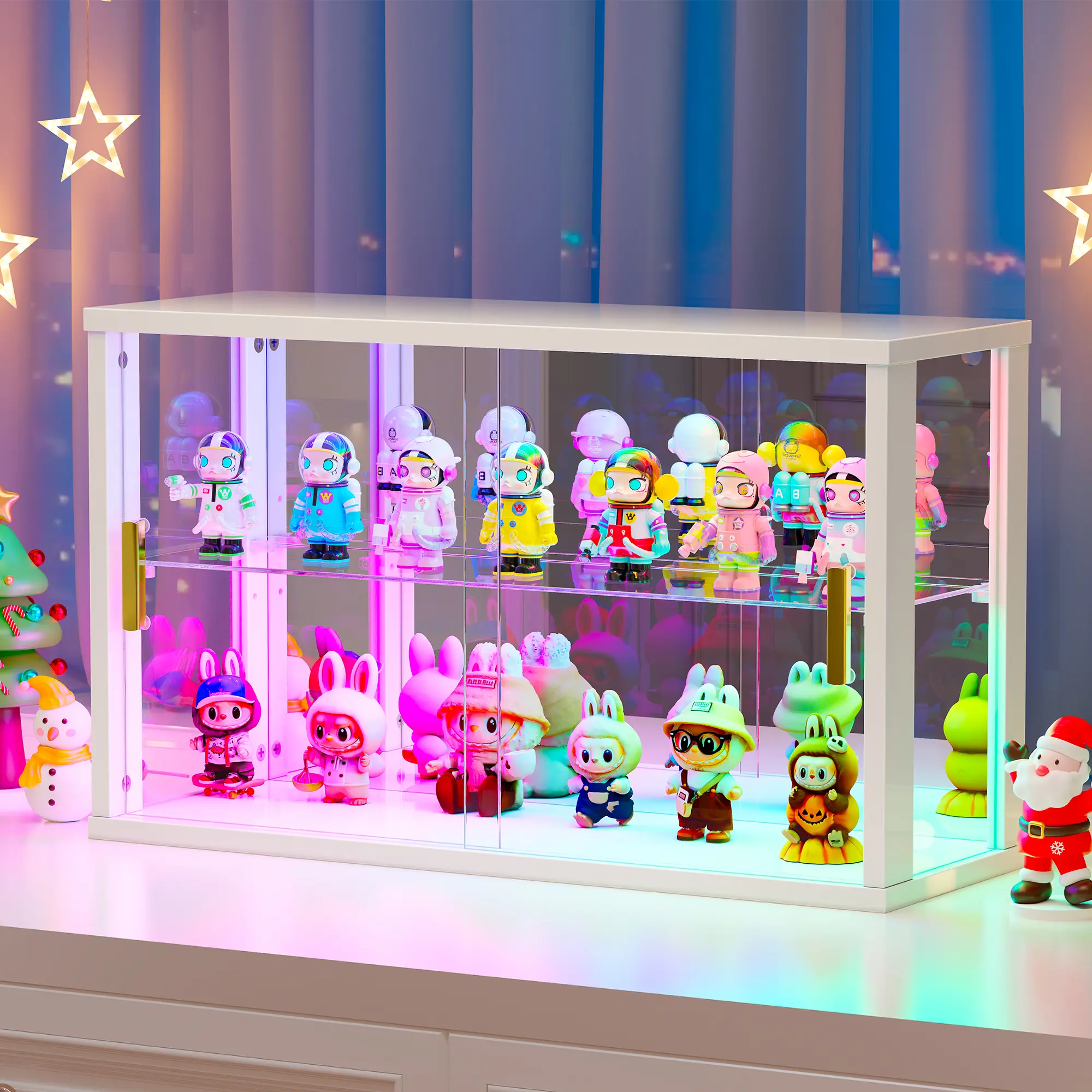 Vlsrka Glass Display Case with Glass Doors, RGB Light, Music-Synced Lighting Display Cabinet with glass doors, Clear Display Case Showcase for, Mini Figures, Toys. Bedroom, Office, Kitchen