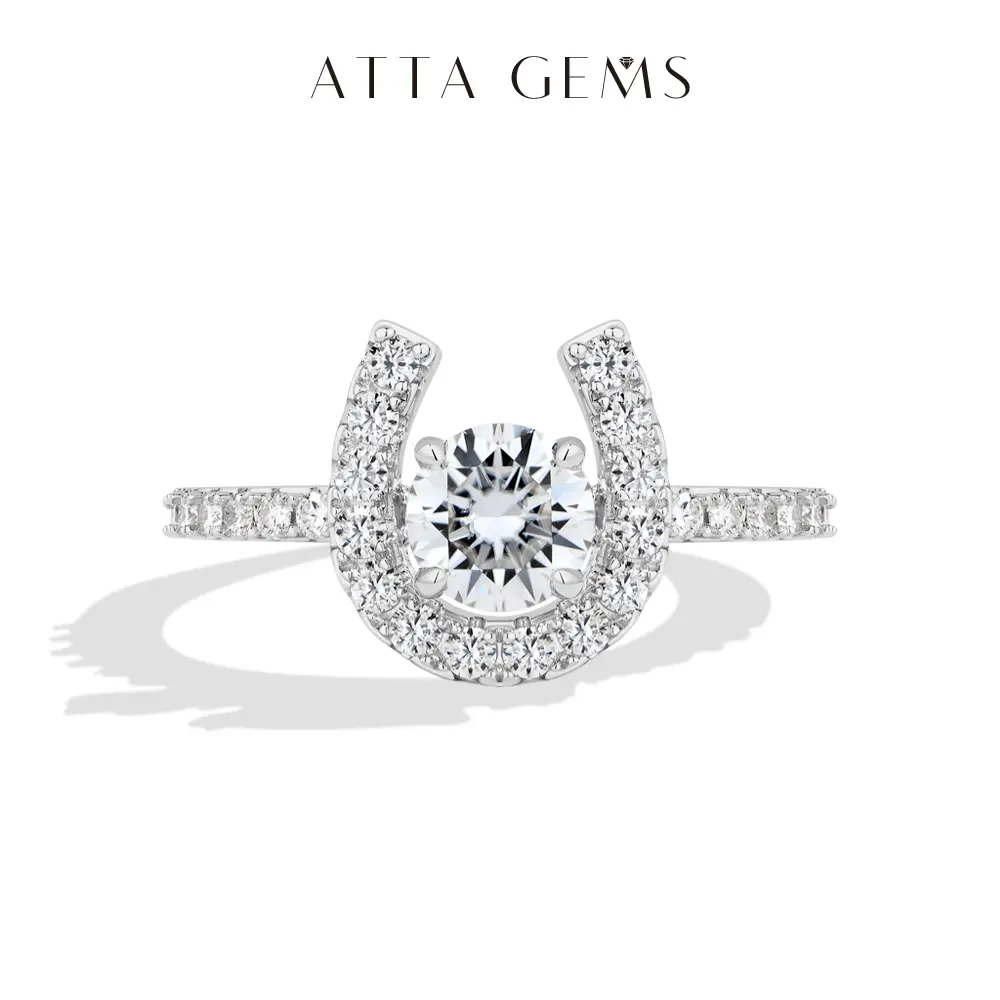 ATTAGEMS Horseshoe Design 0.8ct Round Cut Lab-Grown Moissanite Ring for Women 925 Sterling Silver Ring Proposal Engagement Gift Fine Jewelry R367, Engagement Rings