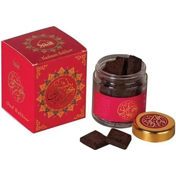 Nashwan Yemeni Oud Bakhoor Bricks by Dukhni - Arabian Scented Aroma Incense, Auspicious Cruelty-Free Home Fragrance, 40g Jar