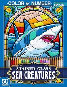 Sea Creatures Stained Glass Color by Number: 50 Marine Designs for a Relaxing Underwater Adventure (Stained Glass Color By Number Collection)