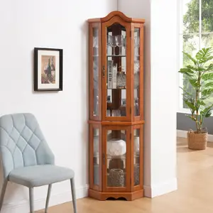 Curio Cabinet Lighted Glass Display Curio Cabinet w/Tempered Glass Doors and Shelves, Crown Corner Cabinet with Bulb, Corner Storage Decoration for Living room and Bedroom   Cherry /  OAK