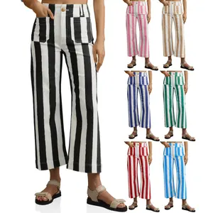 Cicy Bell Womens Cropped Striped Jeans Casual High Waisted Stretchy Straight Leg Denim Pants with Pockets