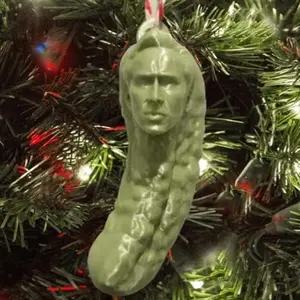 Picolas Cage Christmas Pickle Hanging Ornament, Fun Nicolas Cage Green Pickle Tree Ornament for Christmas Tradition Decor Party Favor Stocking Stuffers