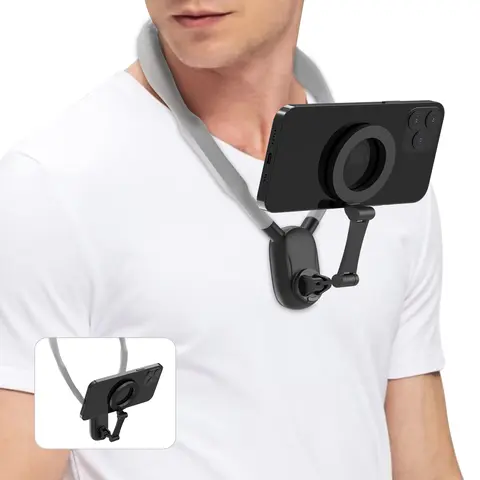 Magnetic Cellphone Neck Mount Holder - Durable Silicone-Metal Accessory with 20 Strong Magnets, Adjustable Hands-Free Universal Fit for Vlogging, Landscape Shooting, iPhone 15/14/13/12 Series & Android Devices