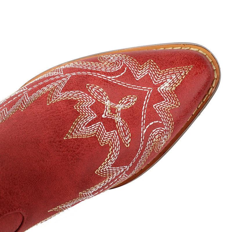 Women Embroidered Western Cowboy Boots Vintage Floral Stitching Over The Knee Boots Pointed Toe Chunky Heel Fashion Riding Boots