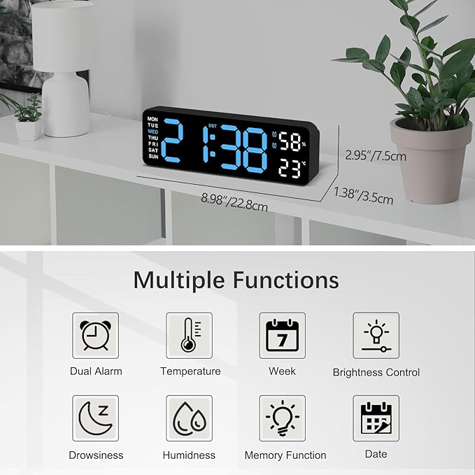 10-Inch LED Digital Wall Clock - Bedroom Alarm Clock with Temperature, Countdown Timer, Auto-Dimming and Snooze Function - 12/24H Display, Modern Design for Home, Office and Dorm | Must-Have for Smart Home Decor