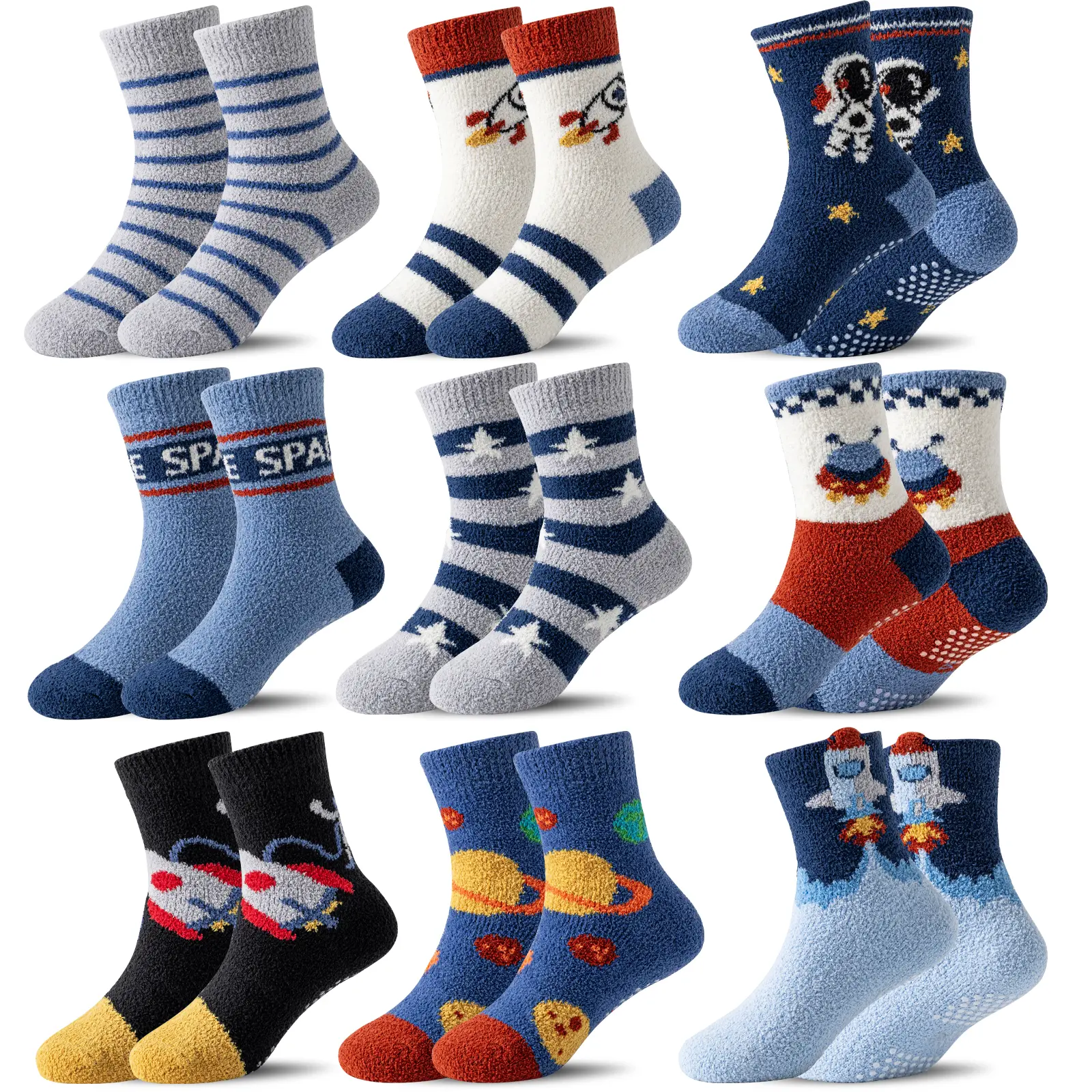 9 Pairs Kids Boys Toddlers Fuzzy Socks With Grips Non Slip Slipper Socks Fluffy Cozy Cabin Plush Warm Crew Winter Thick Fun Cozy Hospital Socks summerwins Clothing Clothes