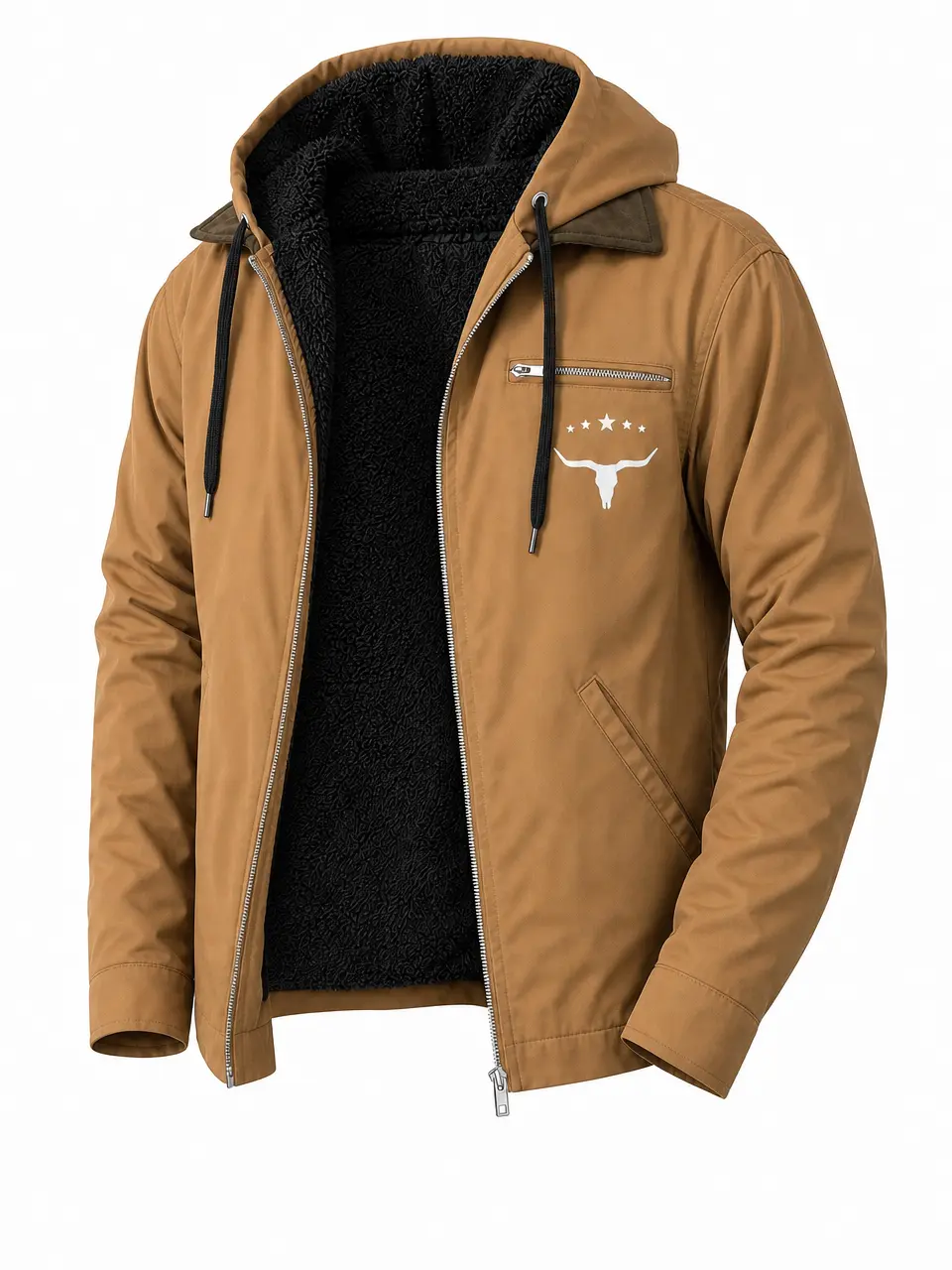 Men's Retro Brown Canvas Fleece Lined Hooded Trucker Jacket, Western Longhorn Skull Graphic Zip Up Winter Warm Work Coat