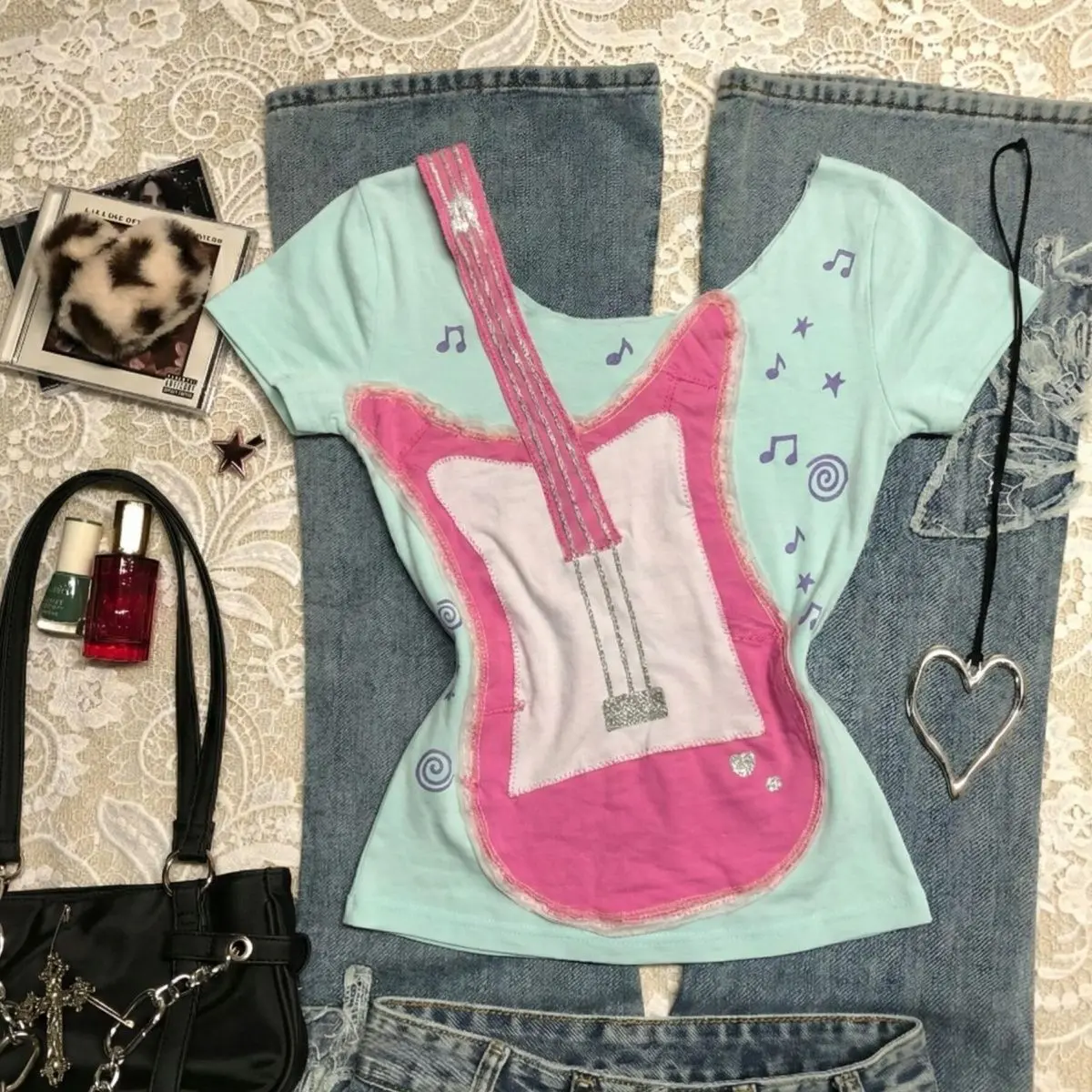 Sweet Subculture Cropped Top, Retro Guitar Printed Slim Rock Short Sleeve For Young Girls
