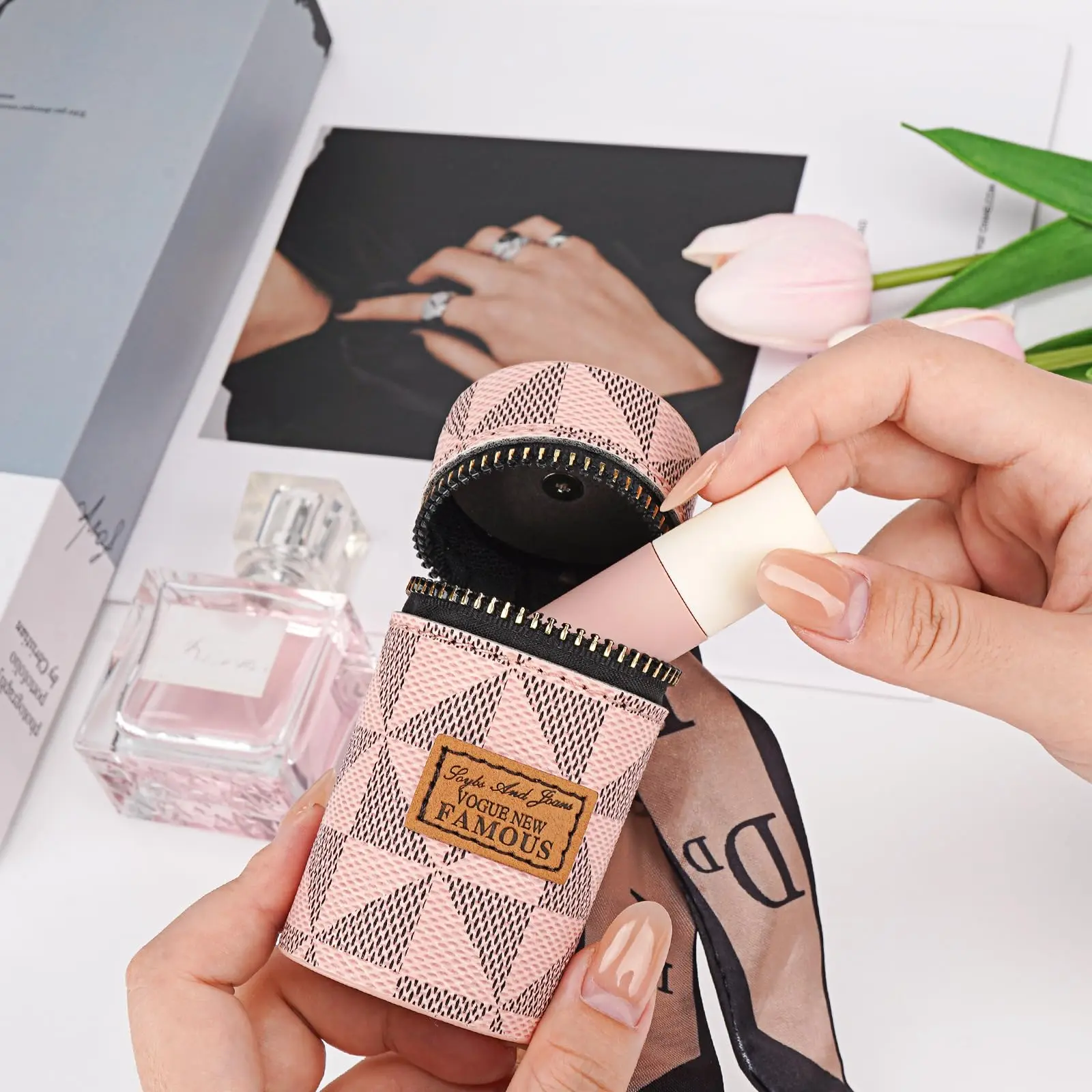 Mini Leather Lipstick Case with Keychain - Water-Resistant Zippered Small Travel Pouch, Cosmetics Organizer for Lip Gloss and Keys