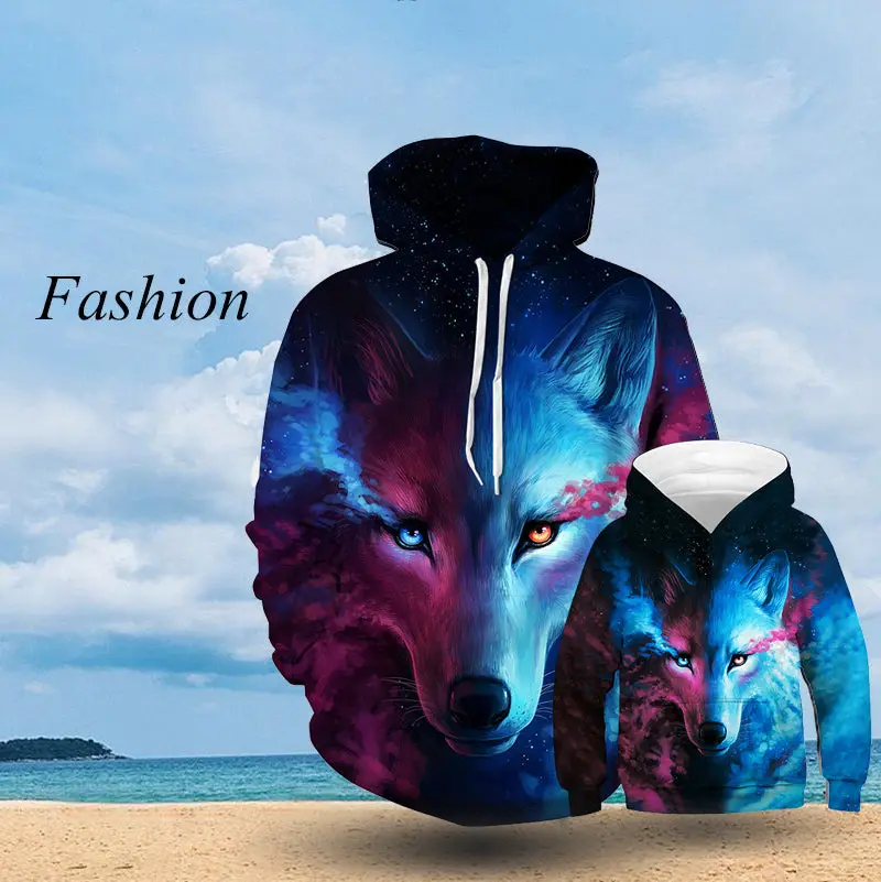 Men's Fashion 3D Wolf Graphic Pullover Hoodie, Casual Long-Sleeve Polyester Fabric Sweatshirt, Asian Sizes (3xl,4xl,5xl) - Note to Check Size Chart