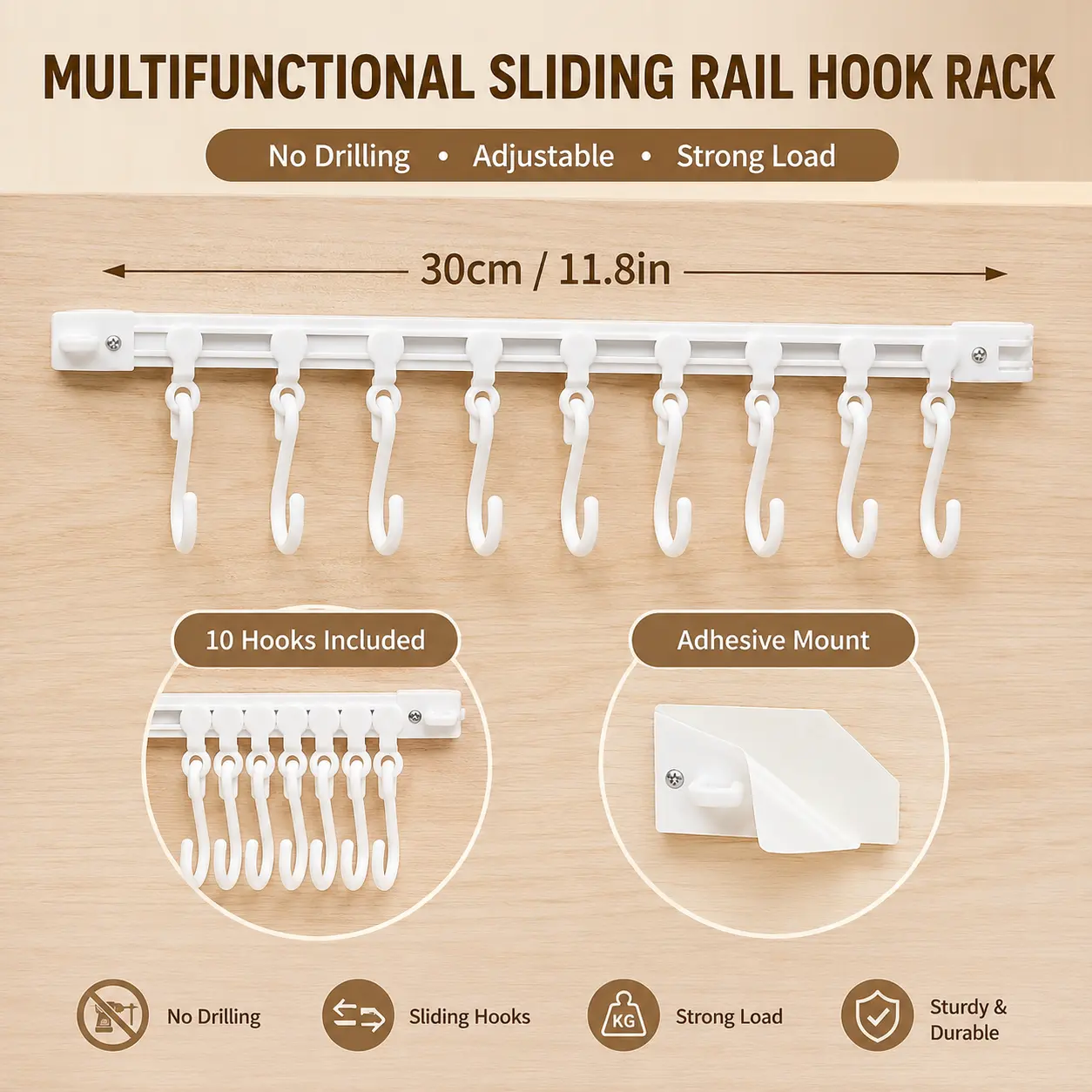 10-Hook Sliding Rail Rack, No-Drill Adhesive Wall Hook Organizer for Kitchen Utensils, Cups, Bathroom & Bedroom Storage