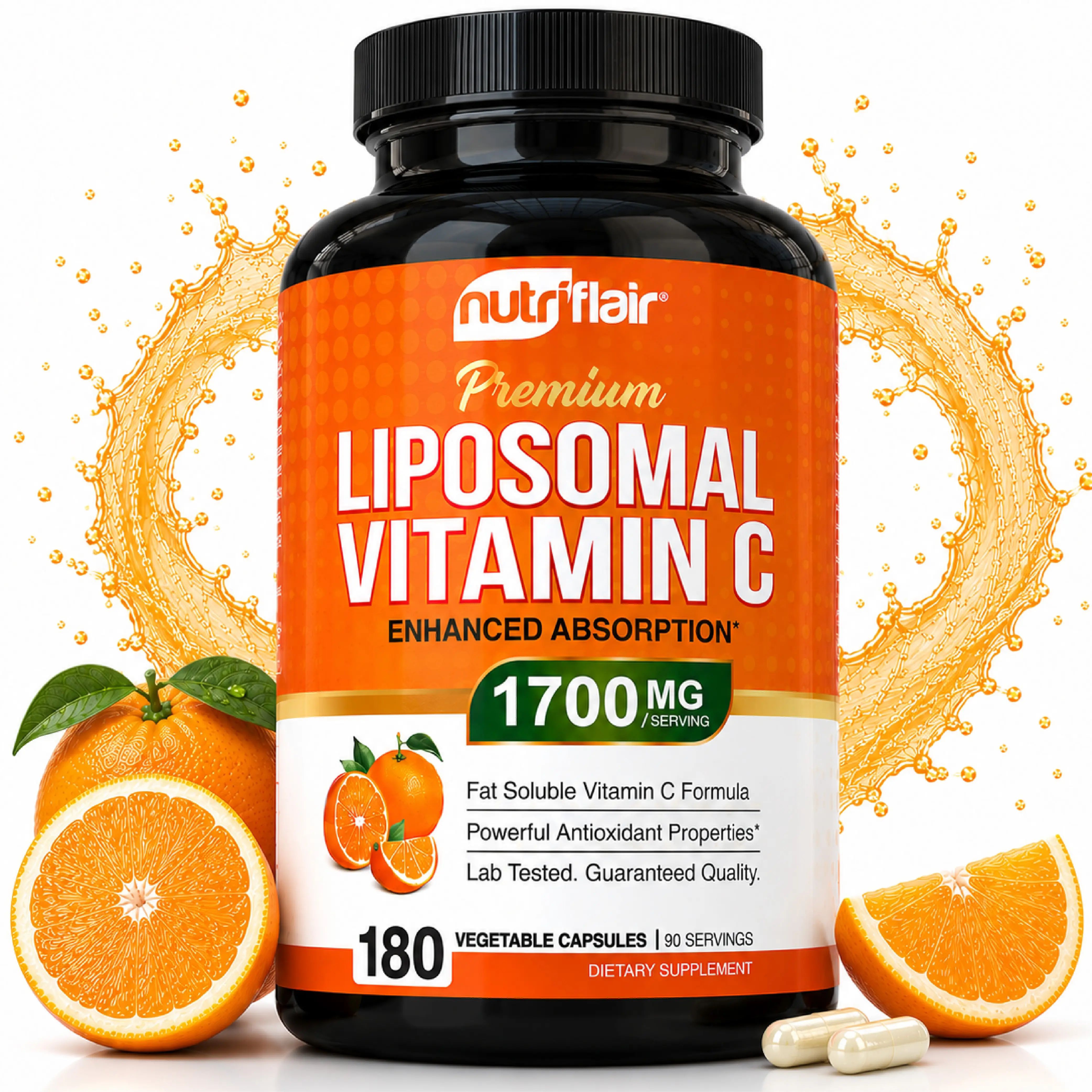 NutriFlair Premium Liposomal Vitamin C 1700mg Natural Supplements, Dairy Free Supplement, Gluten-Free, Vegan-Friendly, Immune Booster, Antioxidant, Joint & Artery Support, Body Health, 180 Capsules