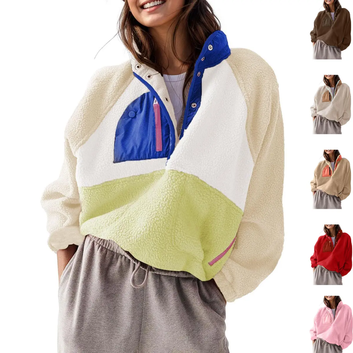SCUSTY Women’s Lightweight Fleece Pullover Jacket Cropped Fall Winter Fuzzy Sherpa Jacket Sweatshirt Coat with Pockets