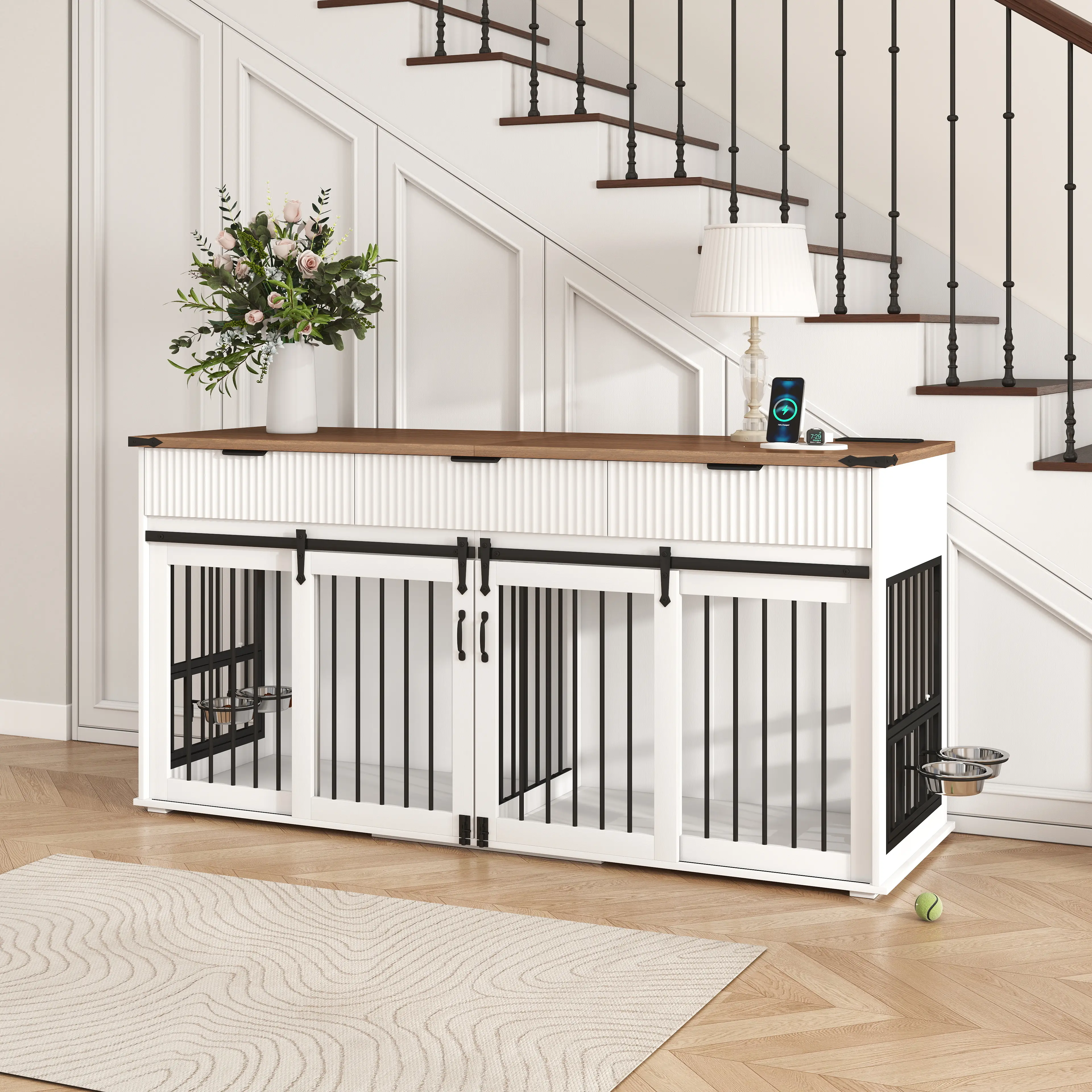 Bellemave 71x23.6x34.7 In Modern Cages & Crates, Heavy-Duty Double Crate Furniture with Latch, 3 Fluted Drawers, Waterproof Walnut Wood Grain Tabletop, Type-C Outlet, 360-Degree Access Feeders, 134.70 lbs Capacity, Anti-Spill Rim