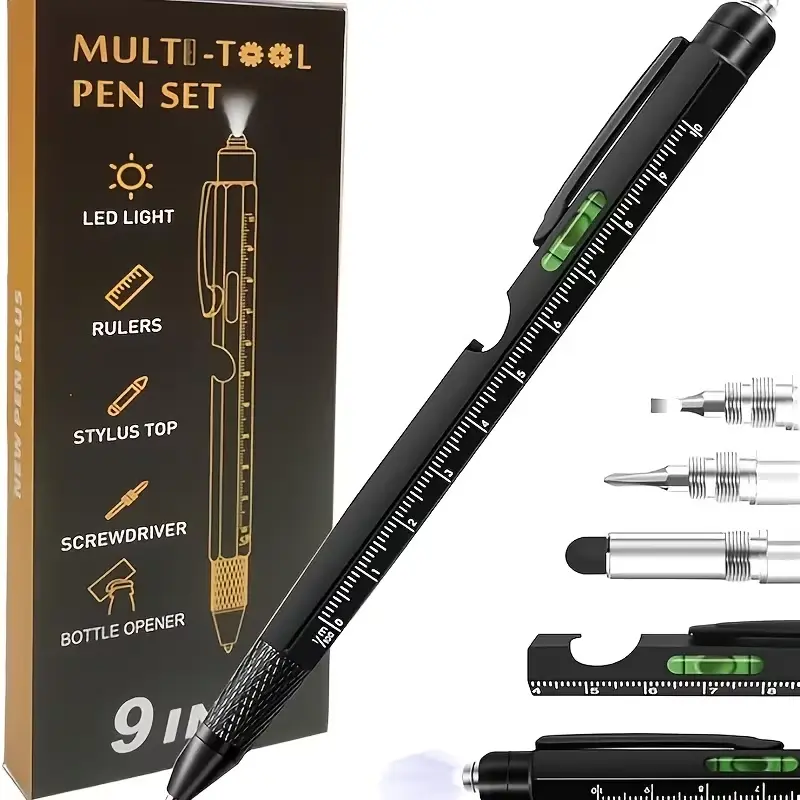 9in 1 Multitool Pen, Gifts for Men Him, Cool Gadgets Tactical Pen Unique Multi Tool with LED, Stylus, Level, Screwdriver, Gifts Unique Birthday Multi Tool Pen for Men Dad Husband Who Have Everything, Cool Gadgets Pocket Multi Tool (Black)