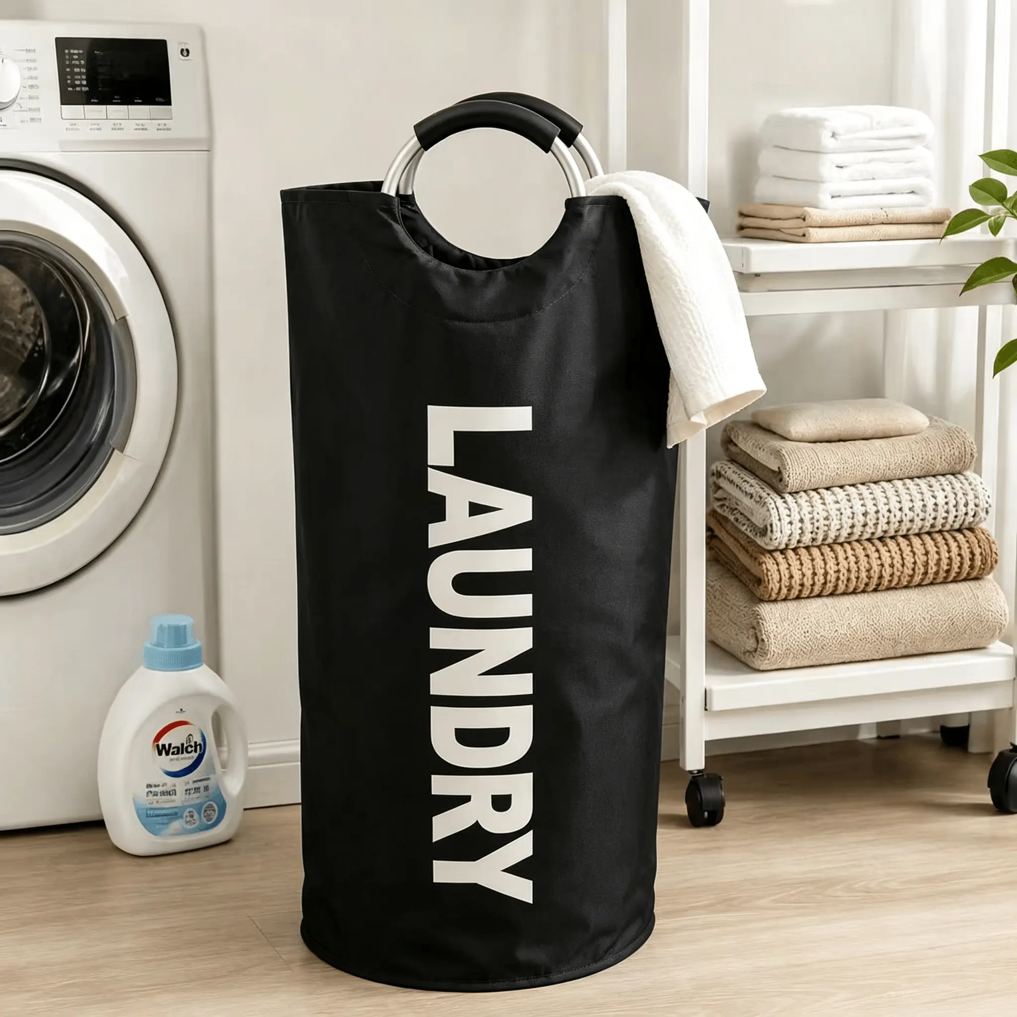 Heavy Duty Collapsible Laundry Basket - 90L Large Functional Waterproof Dirty Clothes Hamper with Comfortable Handles, Stand Alone, Bag Packaging for Family, Dorm, Black Pink Navy