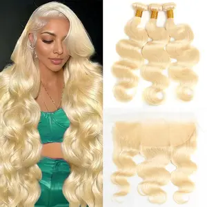 613 Blonde Body wave Human Hair Bundles With 13x4 Lace Frontal CLosure 100% Virgin Human Hair Extensions - Soft & Long-lasting Virgin Hair