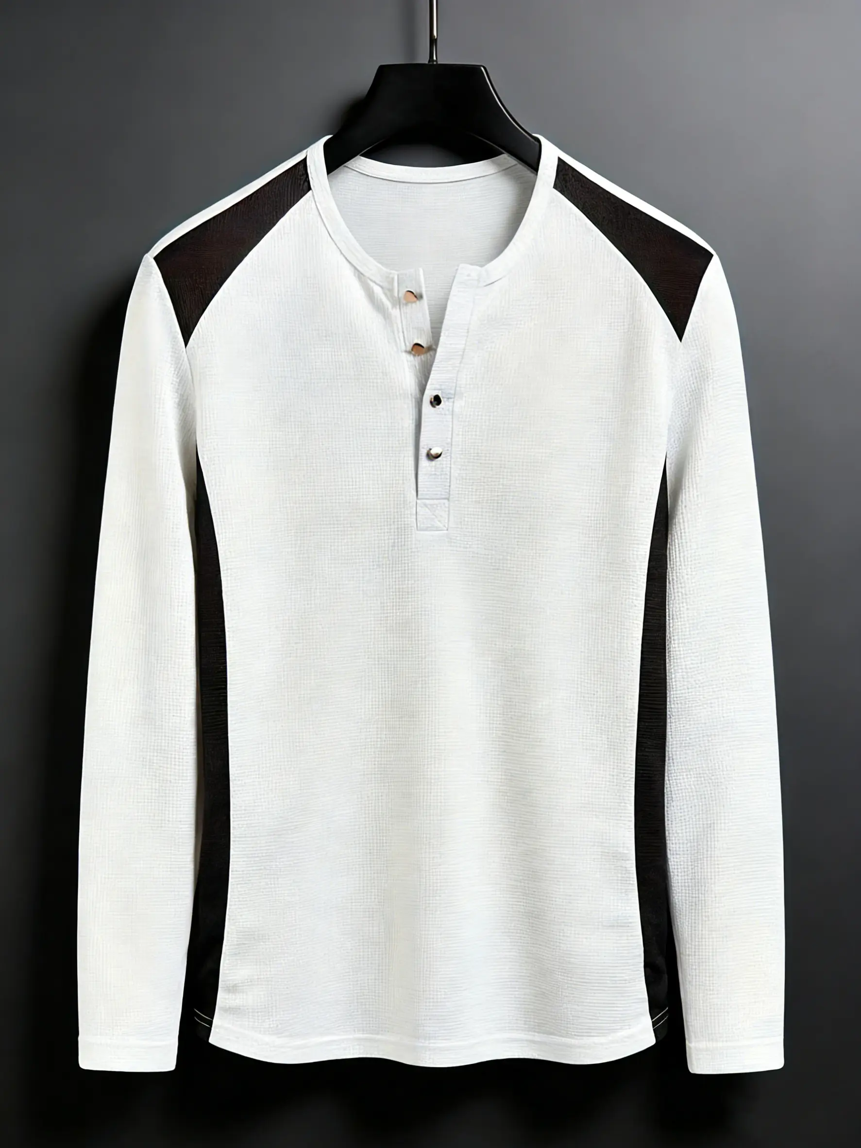 Men's Textured Waffle Contrasting Color Splicing Henley Base Top - Long Sleeve Menswear, Casual Everyday Wear, Casual Fashion Top, Father's Day Outdoor Option, Shirt