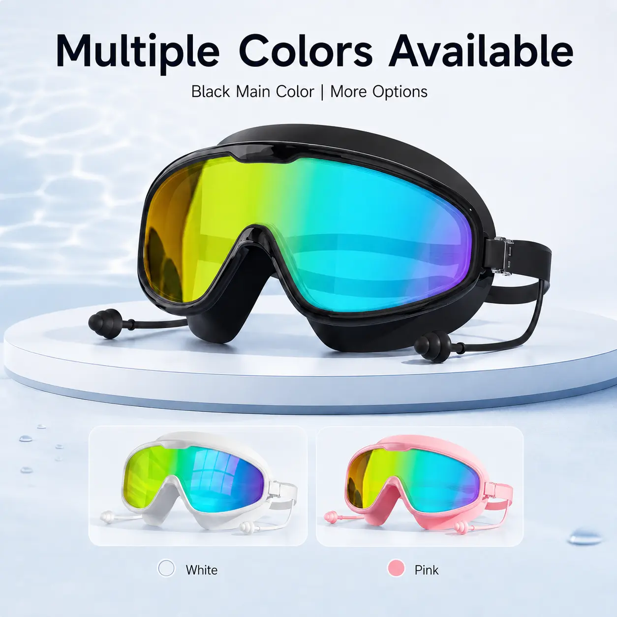 Swimming Goggles - UV400 Protection, Wide Field Vision, HD Anti-Fog Full-Coverage Silicone Goggles, Soft Adjustable Strap, Leakproof Glass, Attached Earplugs, 1-Size Pool & Beach Swimming Accessories, Waterproof Goggles, Leakproof Swimming Glasses