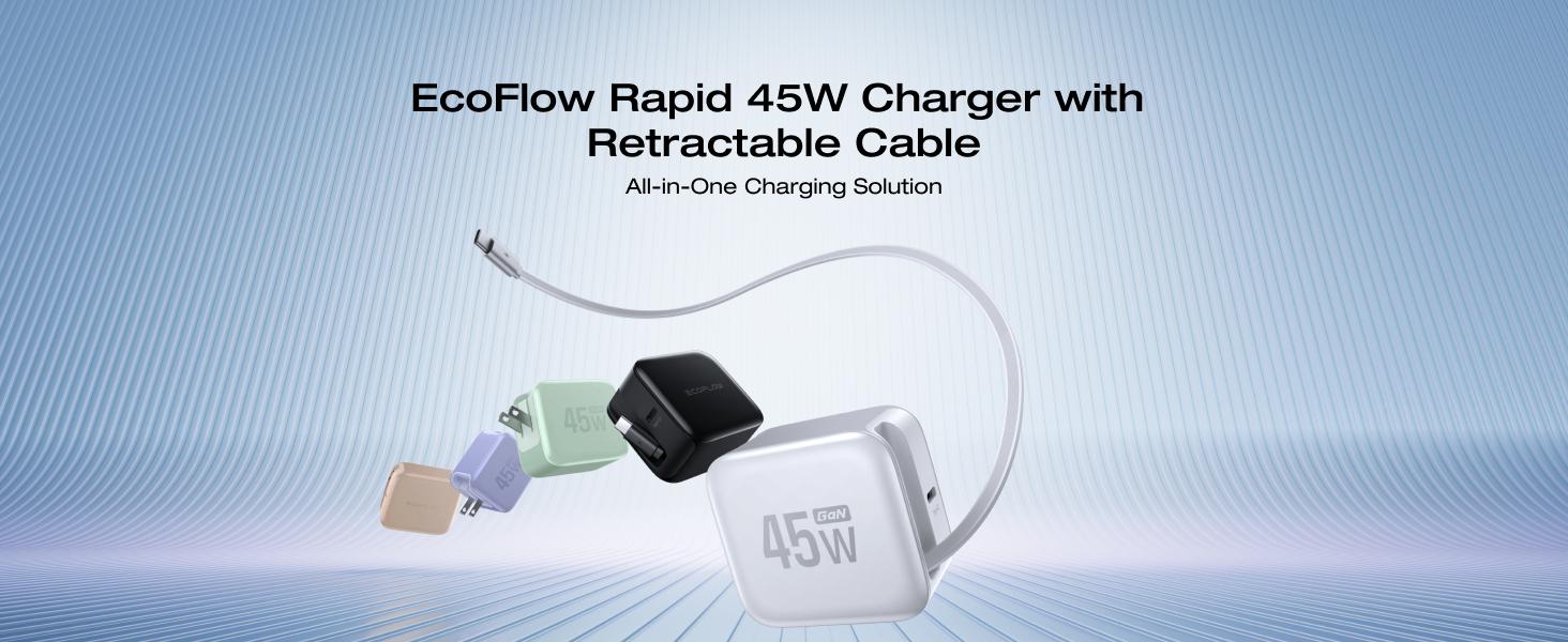 EF ECOFLOW 45W USB C Charger with Retractable Cable, 3-in-1 GaN Phone Charger with Type C Cable, 2-Port Fast Charger Compatible with iPhone 16 Pro Max, iPad Pro/Air, Galaxy S25, Steam Deck (White)