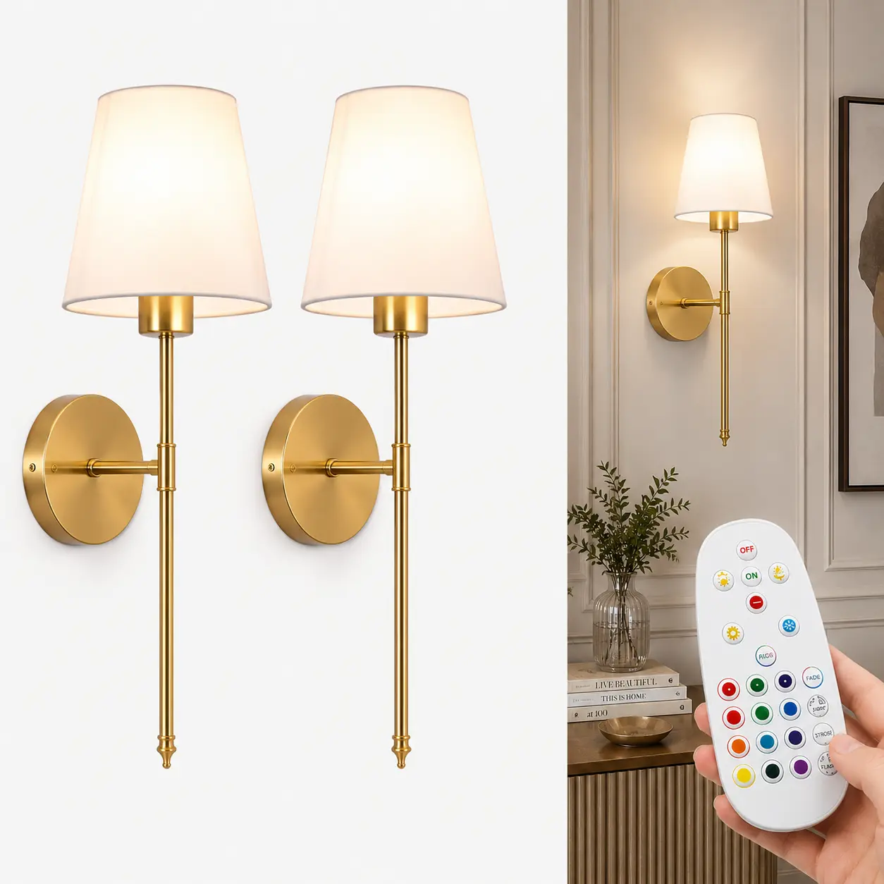 2-Piece Wireless Rechargeable Wall Sconce Light Set - Battery-Operated Ambient Dimmable LED, RGB & Multicolor Lamp with Remote for Bedroom Wall Decor