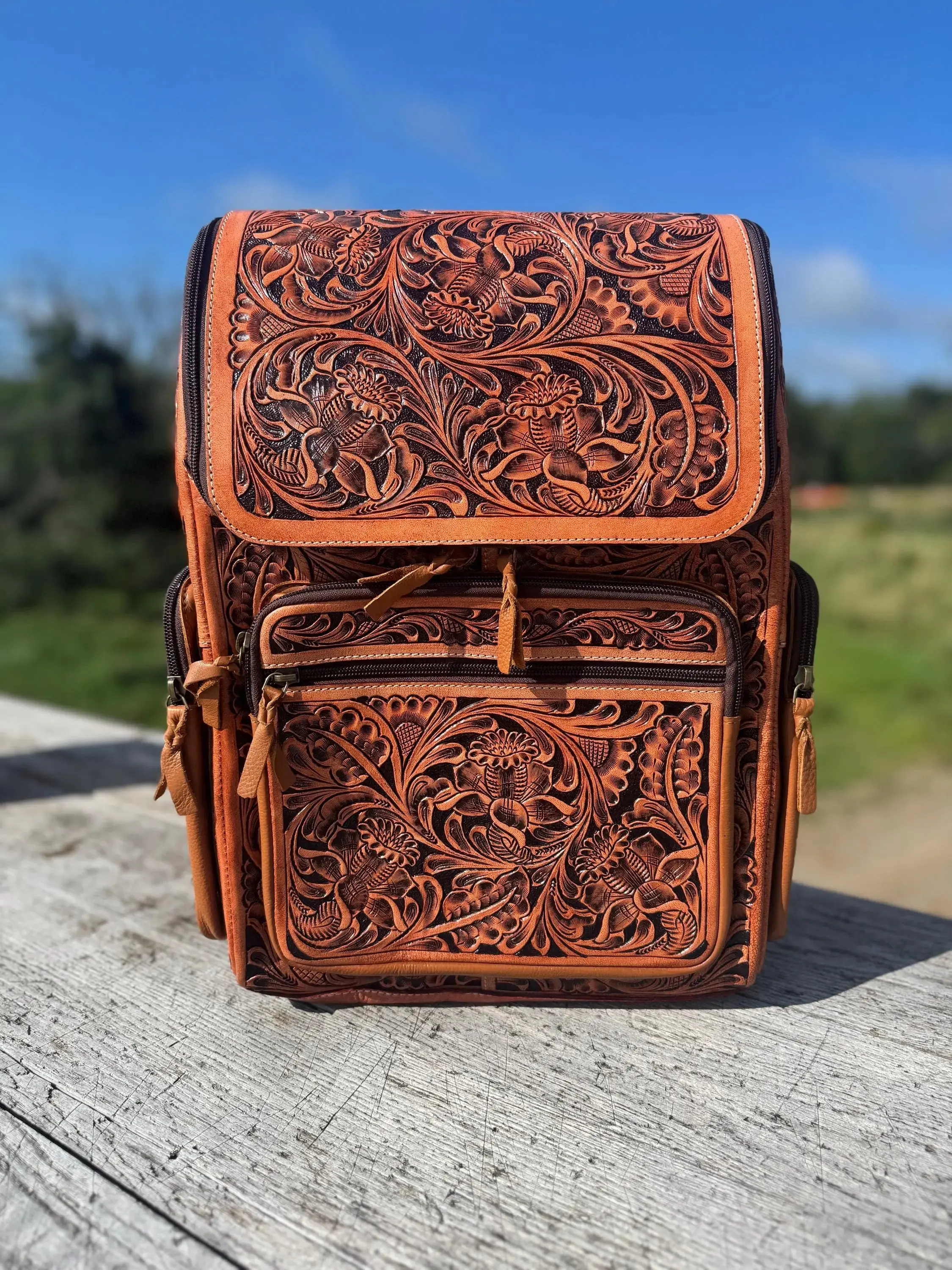 Fully Tooled Detail Western Backpack - Genuine Leather Diaper Bag, Carryon Backpack for Travel, 2 Exterior Front Zipper Pockets, Personal Item Luggage by Double B Wild Rags (All Leather Sales Are Final), Western Backpacks