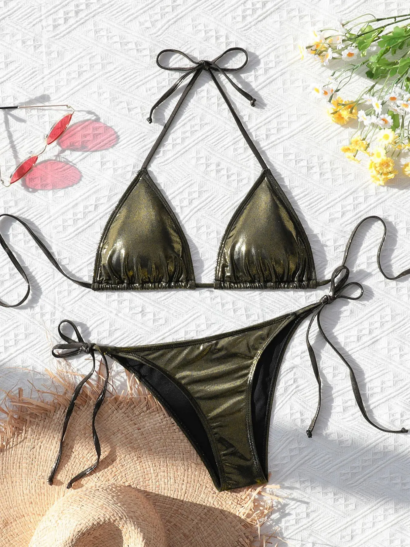 Two-piece Set Women's Metallic Halter Bikini Set, Solid Tie Back Triangle Swim Bra & Tie Side Swim Bottom, Fashion Chic Ladies Bathing Suit, Halter Swimsuit, Beach Bikinis, Triangle Bikini Sets for Beach Holiday Vacation, Swimwear Set