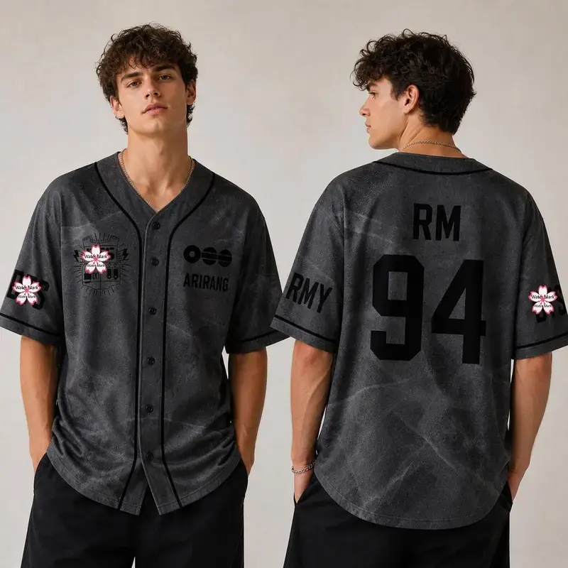 Vintage Acid Wash Kpop Baseball Jersey - Grey Tie Dye Sakura Concert Tour Fan Merch Button Down Shirt, Arirang All Member Outfit, Unisex Streetwear Top