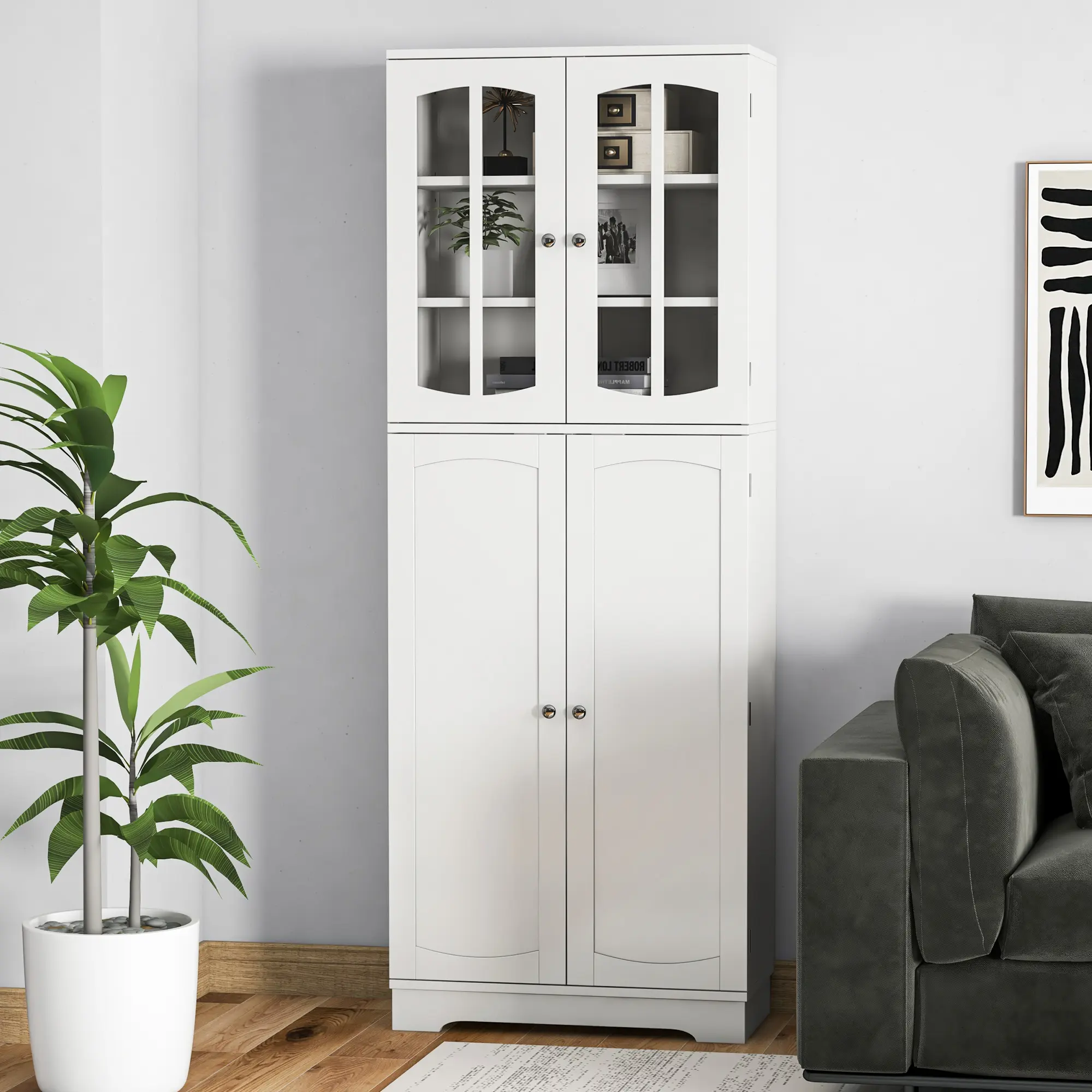 Topwin White Double Door Kitchen Storage Cabinet with Refrigerator-Style Door, UV-Painted MDF & Melamine PB, 4-Tier Adjustable Shelves, Tempered Glass