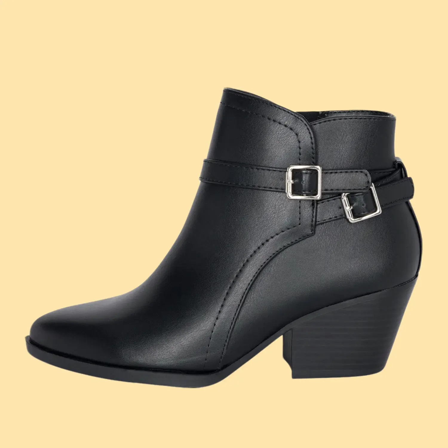 Chariot & Co Mesa Women's Western Stitch Pointy Toe Double Buckle Wood Stacked Heel Ankle Boots Vegan Earth-Friendly Synthetic Material