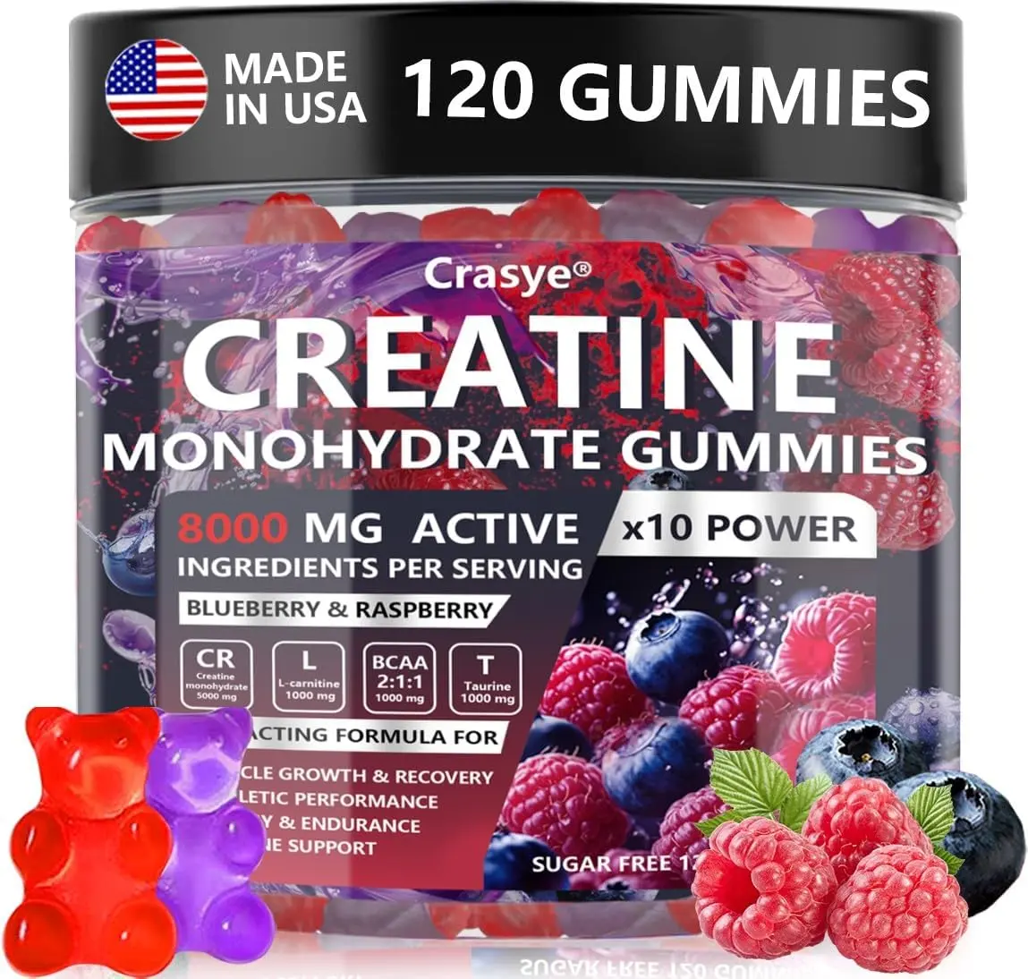 CRASYE Chewable Creatine Gummies - 8000mg Blueberry Raspberry Flavor, 120-Count, Gluten-Free Sugar-Free Nutrition Supplement for Youth, USA-Made with Essential Aminos for Muscle Gains, Workout Recovery & Energy Stamina