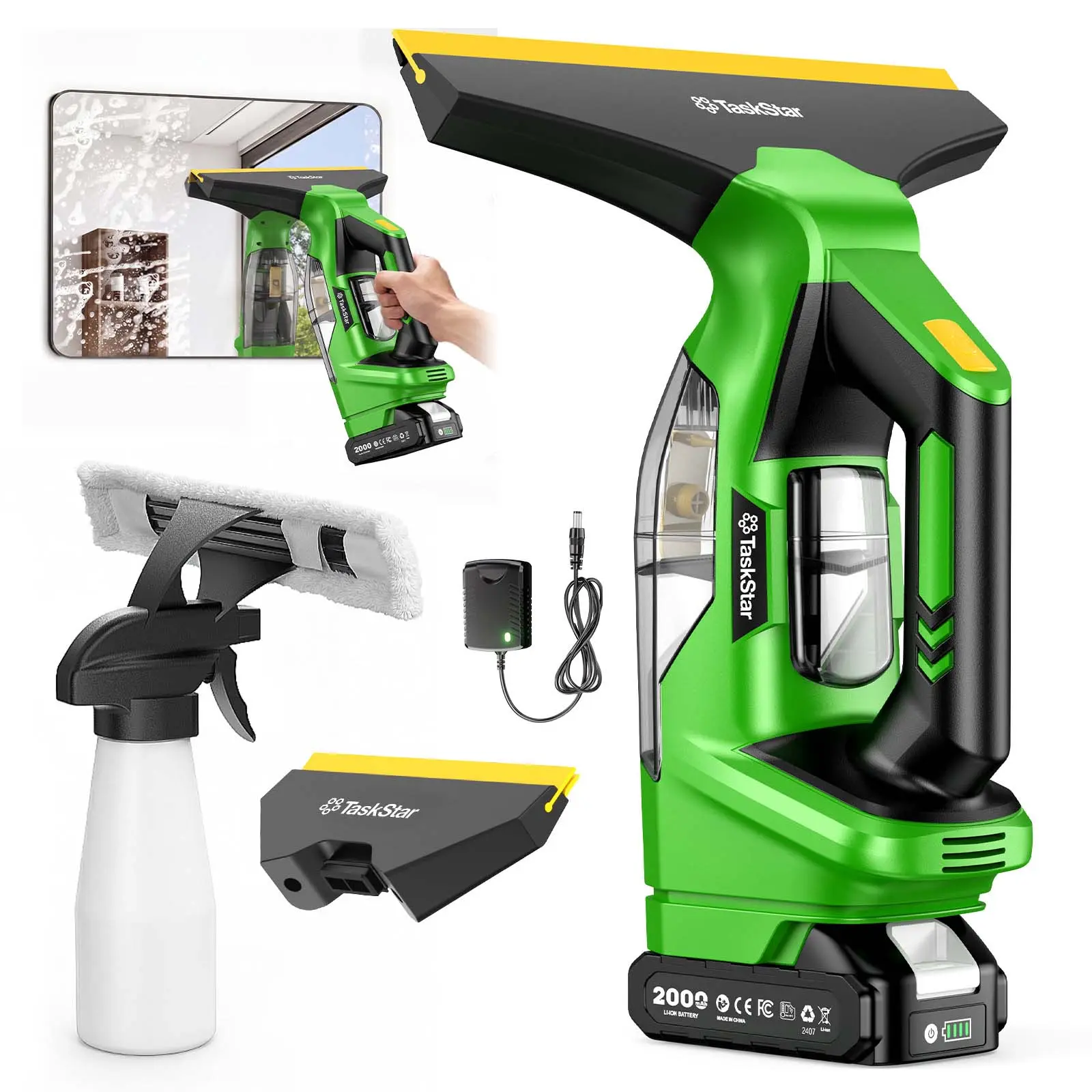 TaskStar Cordless Window Vacuum Squeegee - 2000Pa Vacuum Power Portable Size Electronic Glass Cleaner, 2000mAh Battery Window Washing Kit for Doors, Tiles, Mirrors, Cars