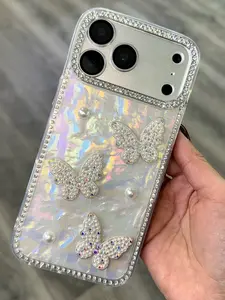 Smartphone Iridescent Bling Butterfly Case with Rhinestone Accents and Pearl Details for Stylish Protection