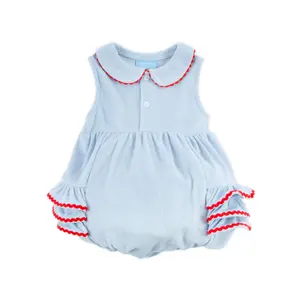 Bold, Bright & Brave Ruth Bubble - Patriotic Light Blue & Red Trim Outfit for Baby & Toddler Girls