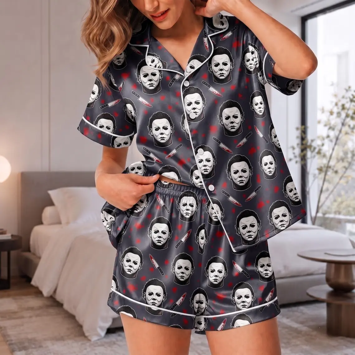 Vintage Michael Myers Satin Pajamas, Halloween Horror Movie Sleepwear Set, Gothic Lounge Clothing for Women, Spooky Nightwear for Horror Fans and Halloween Lovers