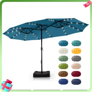 [15ft Extra Large] PHI VILLA Double-Sided Patio Umbrella with Crank & LED Lights - Large Steel Frame, UV Protection, Metal Base Included, Modern Decorative Lighting