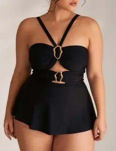 Women's Plus Size Black Cutout Monokini Gold Ring Metal Decor Ruched Waist Gingham Triangle Top Tie Back Swim Boxer Short Bottom Casual Fashion Sports Swimwear