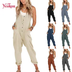 Yeokou Women's Overall Linen Cotton Jumpsuit Loose Casual Jumper with Pockets