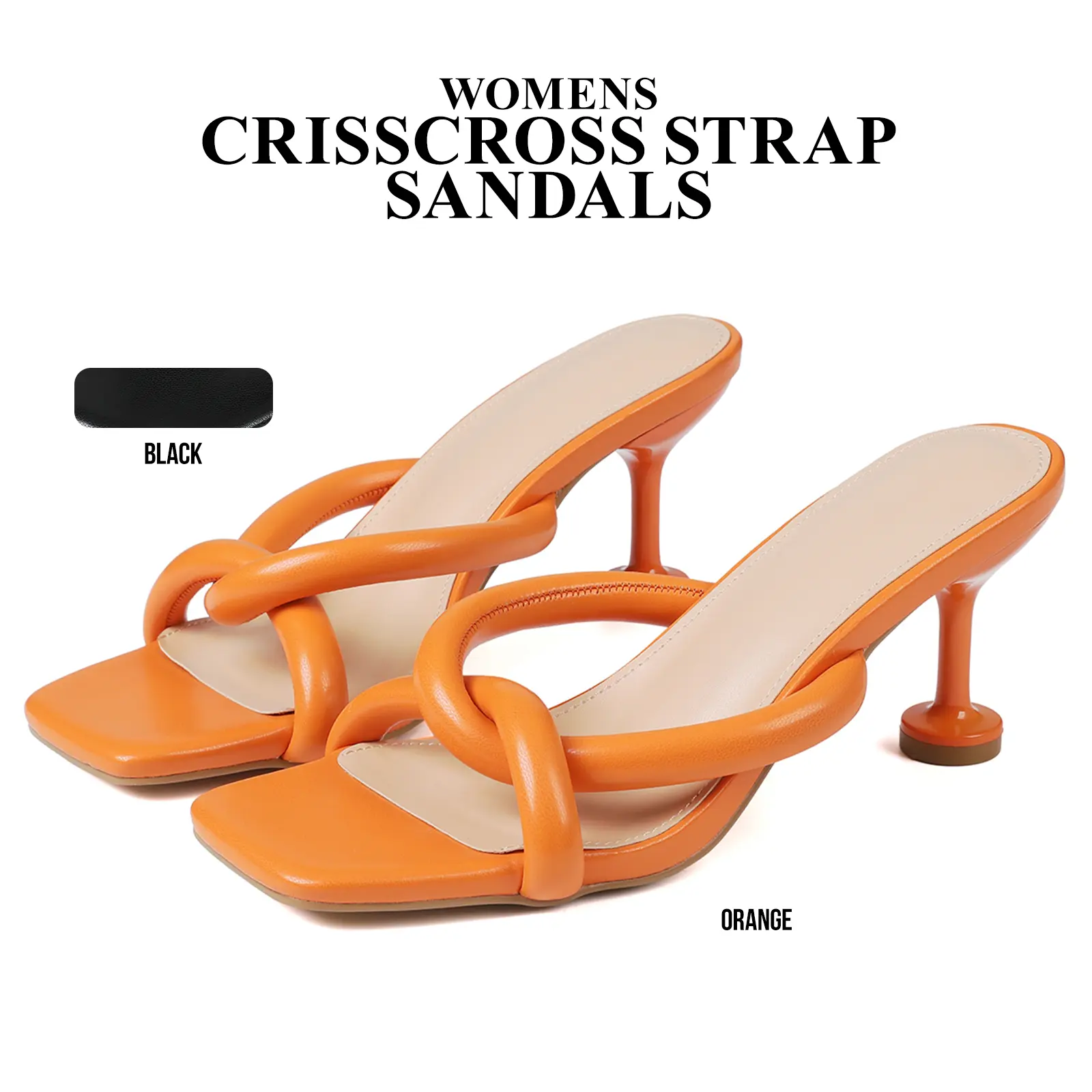 CYNLLIO Womens Heeled Sandals Open Square Toe Crisscross Strappy Spool Heel Design Slip On Modern Fashionable Elegant Wedding Party Prom Outing Dating Dress Spring Summer Casual Mule Sandal Shoes