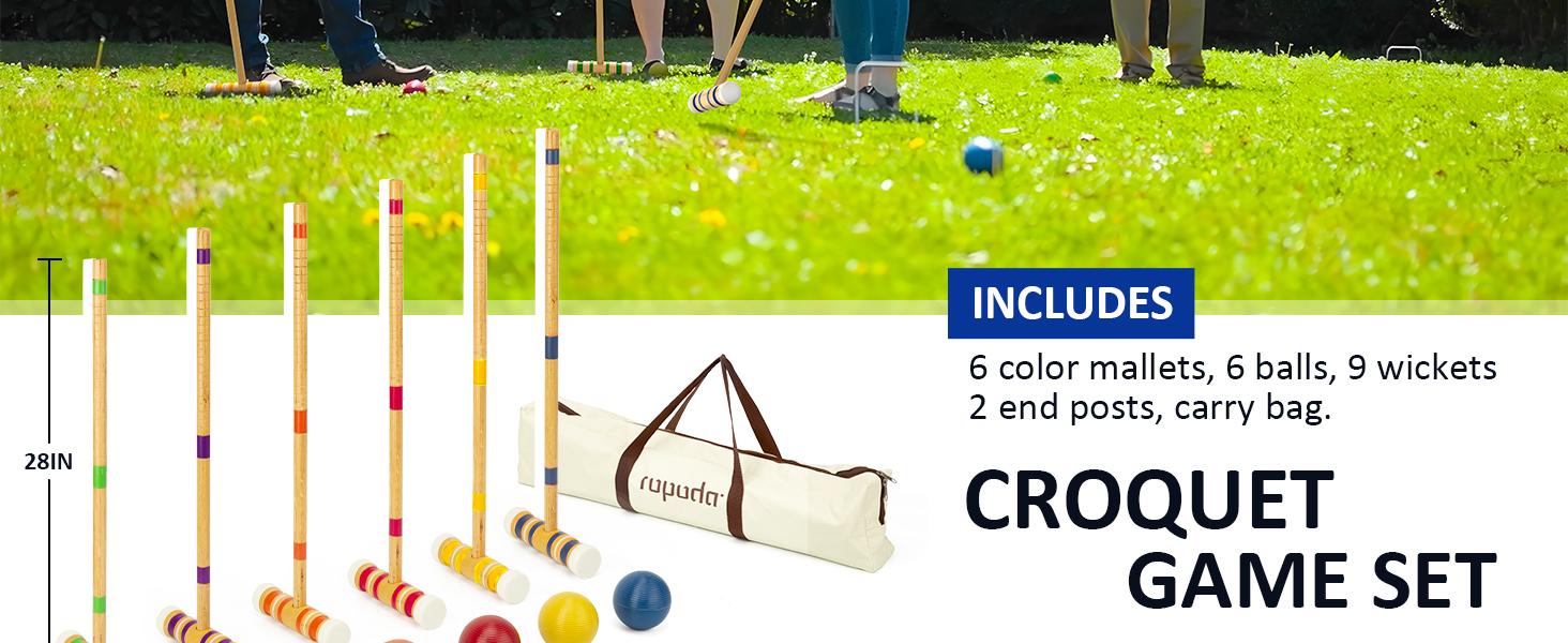 (Summer Turn-Up)Ropoda Six-Player Croquet Set with Wooden Mallets, Colored Balls, 2 Ending Stakes, 9 Steel Wickets & Durable Carrying Bag for Easy Storage, Summer Turn Up & Father's Day Deal