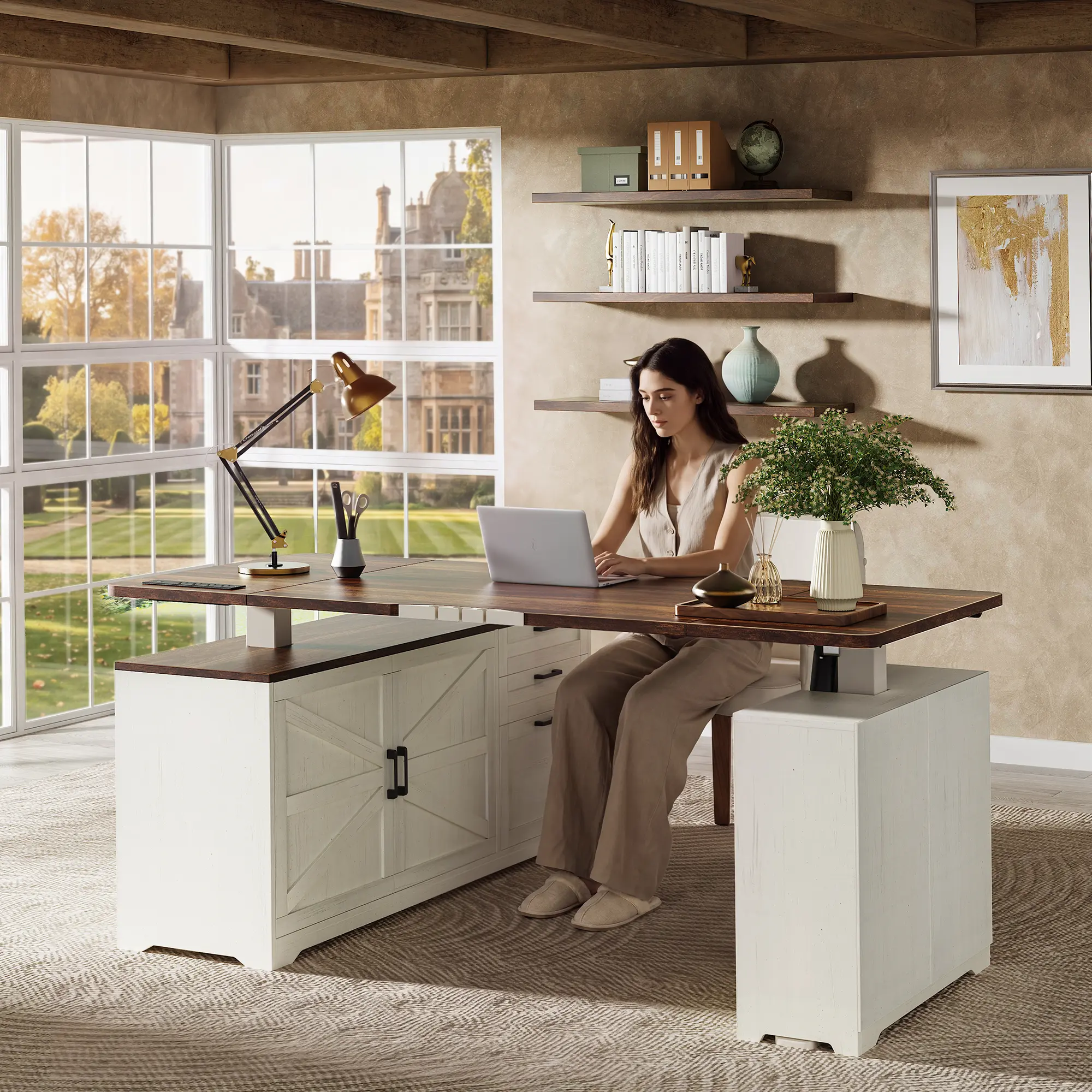 PRAISUN 55'' Farmhouse L Shaped Standing Desk with Outlets and Drawers | Corner Office Computer Desk with USB-C, 28.4''-46.5'' Height Adjustable Gaming Desk, Storage Cabinet, File Cabinet, White